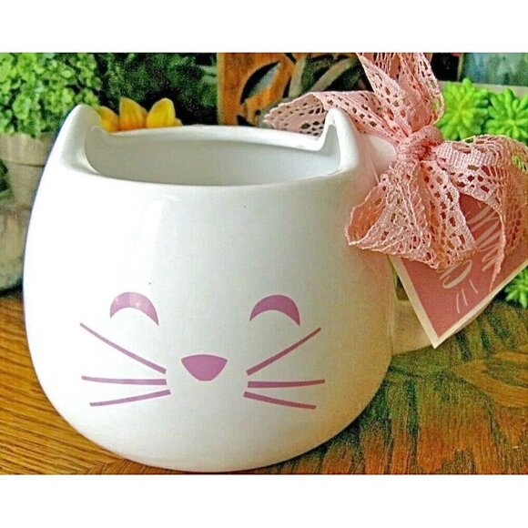 New XL Pink & White Cat Ceramic Coffee Tea Mug Cup w/ Bow - Picture 3 of 8